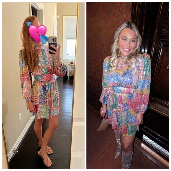 CeliaB Popa Mini Dress Sequin Rainbow Long Sleeve Medium - Picture 2 of 12